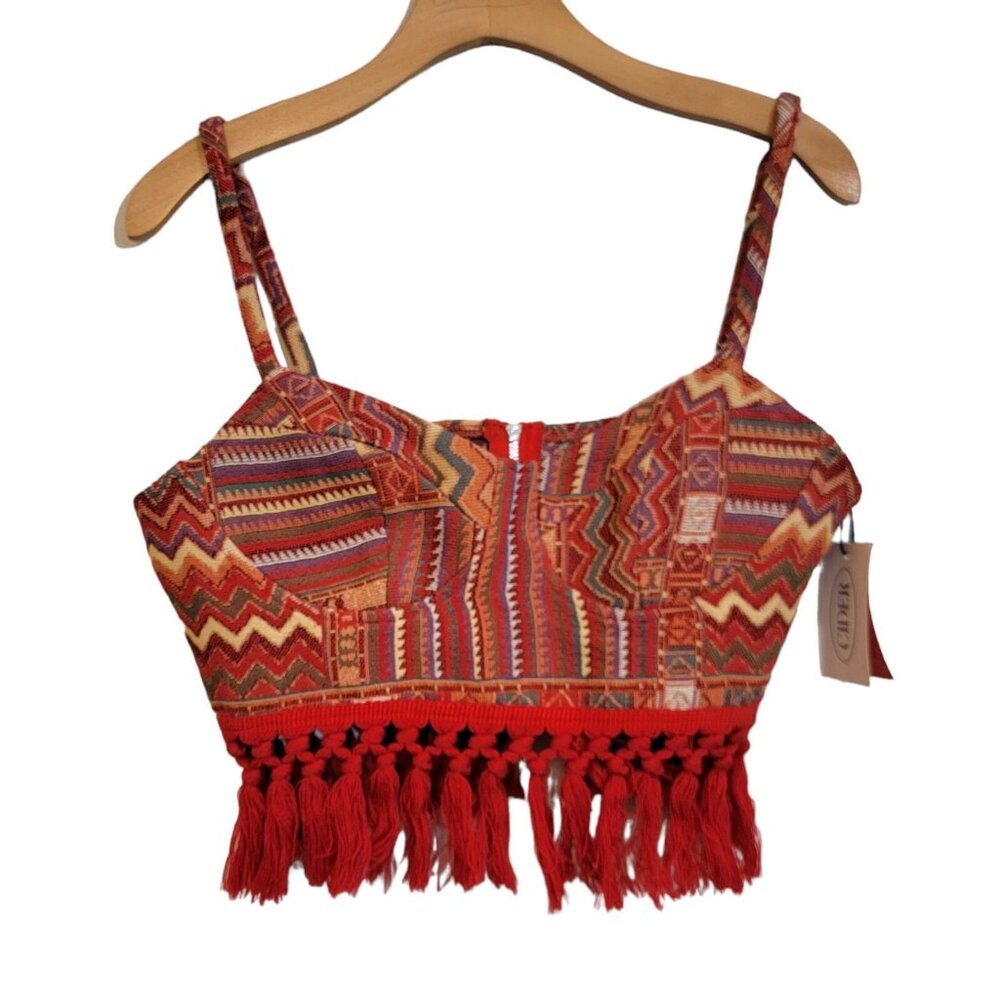 NWT Cider Top Knit Fitted Fringe Crop Top Y2K Southwest Boho Print Small NEW